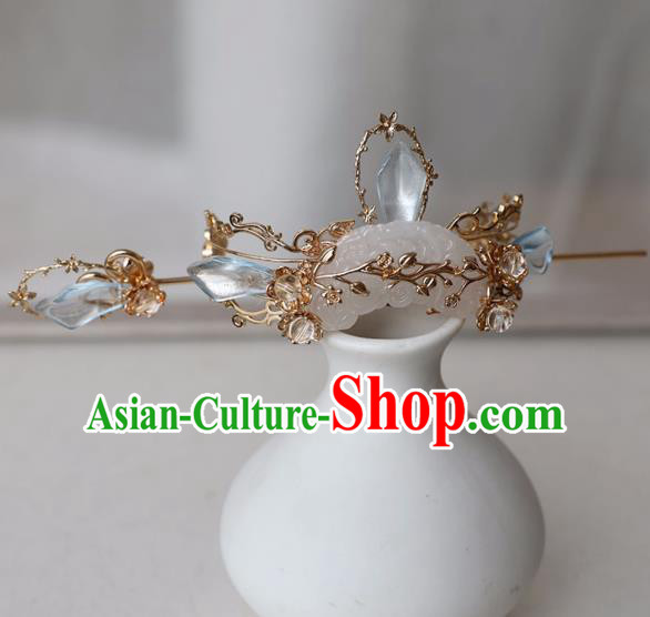 Chinese Ancient Hanfu Blue Crystal Golden Hair Crown Women Headwear Hairpin Jade Hair Accessories