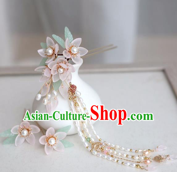 Chinese Ancient Women Pink Flowers Hair Clip Headwear Pearls Tassel Hairpin Hanfu Hair Accessories