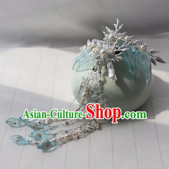 Chinese Ancient Women Blue Bamboo Leaf Hair Claws Headwear Hanfu Hair Accessories Tassel Hair Stick