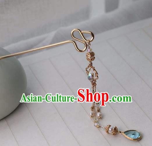 Chinese Ancient Women Blue Hair Clip Headwear Hair Accessories Tassel Hanfu Hairpin