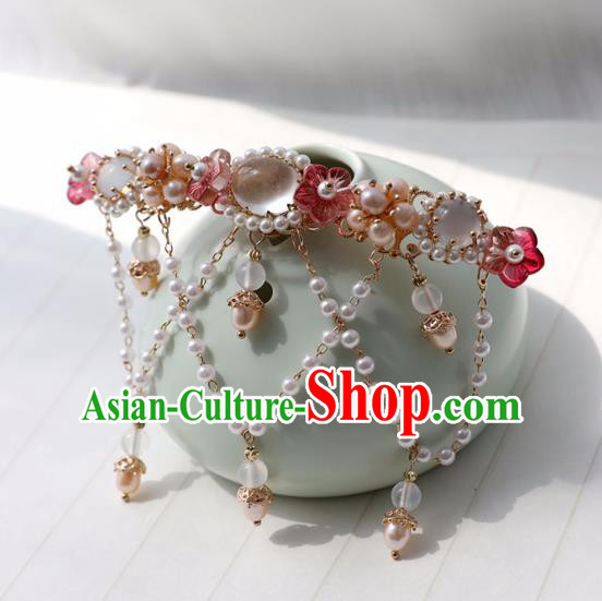 Chinese Ancient Women Red Plum Hairpin Hair Clip Headwear Hair Accessories Pearls Tassel Hanfu Hair Crown