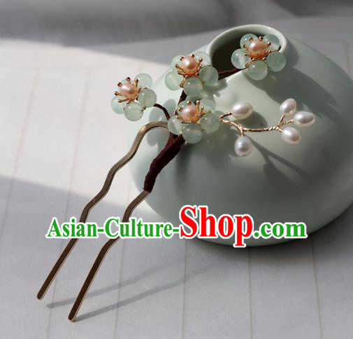 Chinese Ancient Women Green Beads Plum Hairpin Headwear Hair Accessories Hanfu Hair Clip