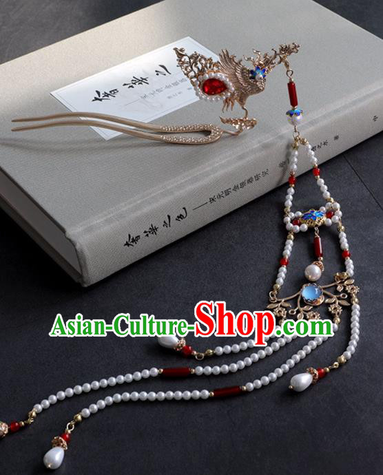 Chinese Ancient Hanfu Agate Beads Tassel Hair Clip Women Headwear Phoenix Hairpin Hair Accessories