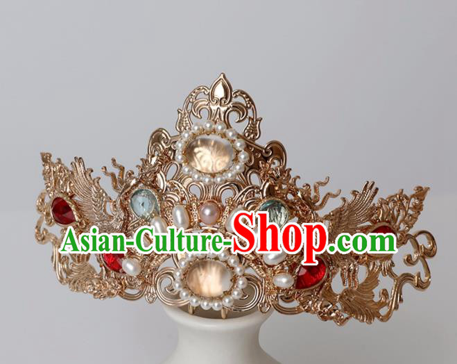 Chinese Ancient Hanfu Pearls Hair Crown Women Headwear Golden Phoenix Hairpin Hair Accessories