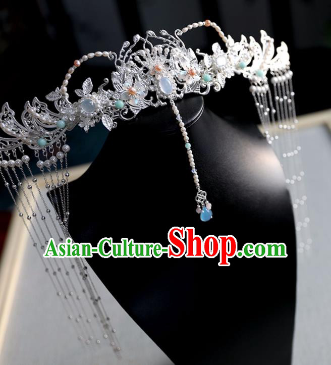 Chinese Ancient Pearls Phoenix Coronet Wedding Jewelry Headwear Hair Accessories Hanfu Tassel Hairpins for Women