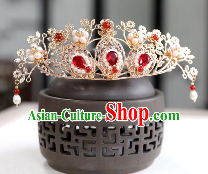 Chinese Ancient Red Crystal Hair Crown Headwear Women Hair Accessories Ming Dynasty Pearls Hairpin Hair Comb