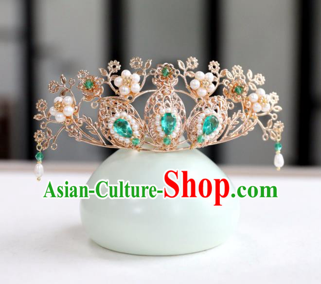 Chinese Ancient Green Crystal Hair Crown Headwear Women Hair Accessories Ming Dynasty Pearls Hairpin Hair Comb