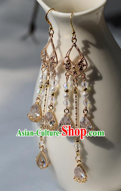 Chinese Ancient Hanfu Zircon Earrings Women Jewelry Golden Tassel Ear Accessories