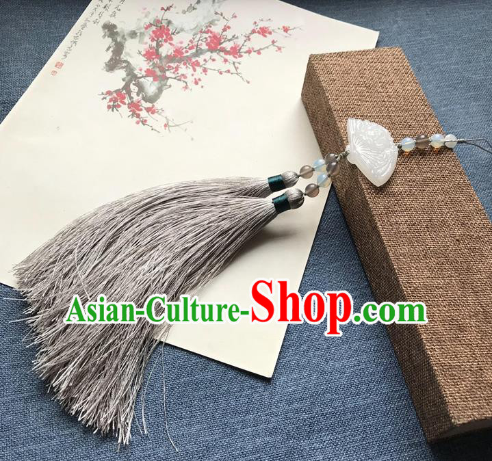 Chinese Ancient Hanfu Carving Fan Jade Grey Tassel Pendant Waist Accessories Jade Lappet Jewelry