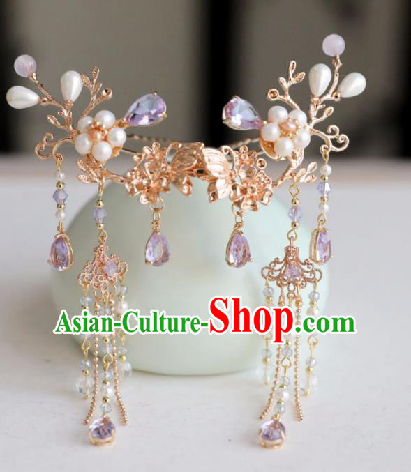 Chinese Ancient Purple Crystal Butterfly Hair Clips Headwear Women Hair Accessories Ming Dynasty Pearls Golden Tassel Hairpin