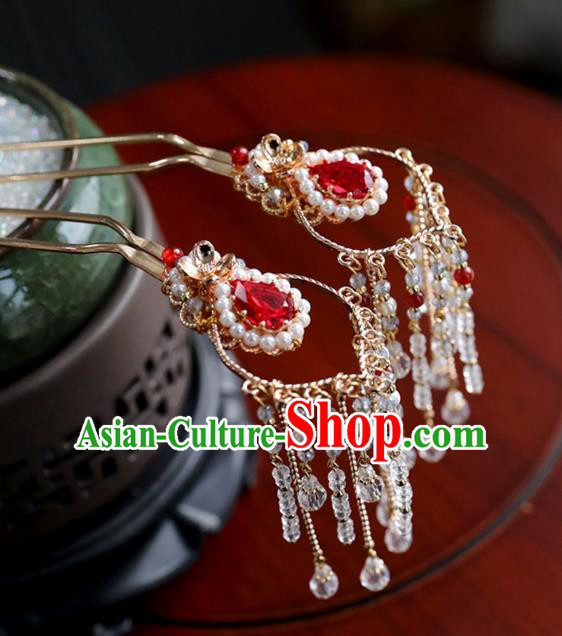 Chinese Ancient Red Crystal Hair Clips Headwear Women Hair Accessories Ming Dynasty Beads Tassel Hairpin
