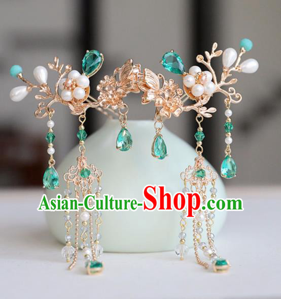 Chinese Ancient Green Crystal Butterfly Hair Clips Headwear Women Hair Accessories Ming Dynasty Pearls Golden Tassel Hairpin