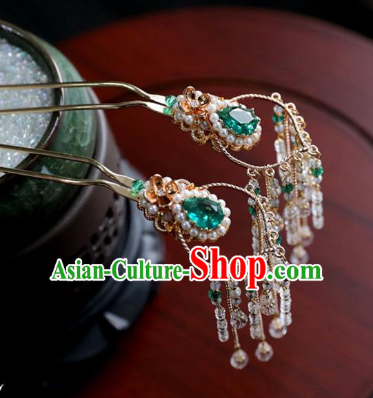 Chinese Ancient Green Crystal Hair Clips Headwear Women Hair Accessories Ming Dynasty Beads Tassel Hairpin