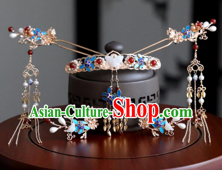 Chinese Ancient Cloisonne Hair Clips Headwear Women Hair Accessories Ming Dynasty Court Hair Comb Hairpin Complete Set