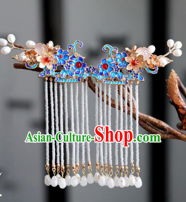 Chinese Ancient Cloisonne Tassel Hair Claws Headwear Women Hair Accessories Ming Dynasty Court Hair Stick Hairpin