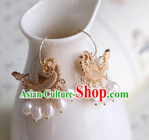 Chinese Ancient Hanfu Golden Carp Earrings Women Jewelry Ming Dynasty Ear Accessories