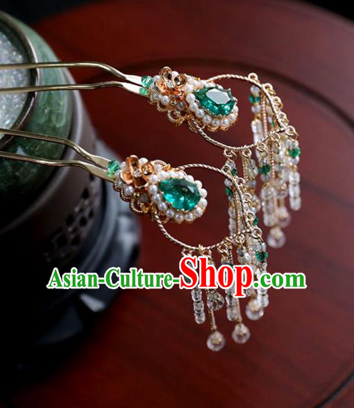 Chinese Ancient Princess Green Hair Clips Ming Dynasty Headwear Women Hair Accessories Tassel Hairpins