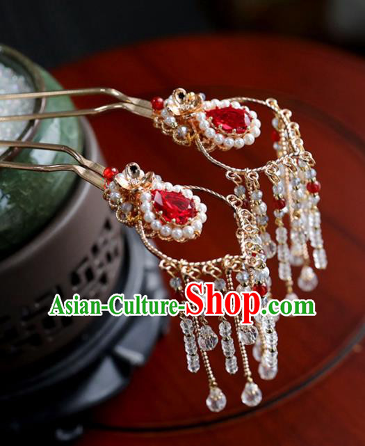 Chinese Ancient Princess Red Crystal Hair Clips Ming Dynasty Headwear Women Hair Accessories Tassel Hairpins