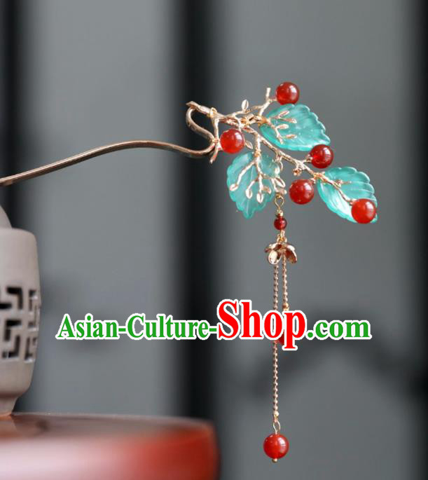 Chinese Ancient Princess Red Beads Leaf Hair Clips Ming Dynasty Headwear Women Hair Accessories Tassel Hairpins