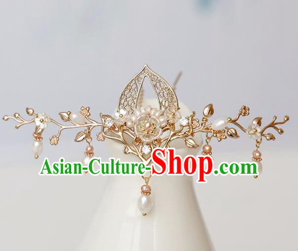 Chinese Ancient Golden Hairpin Headwear Women Hair Accessories Pearls Tassel Hair Clip