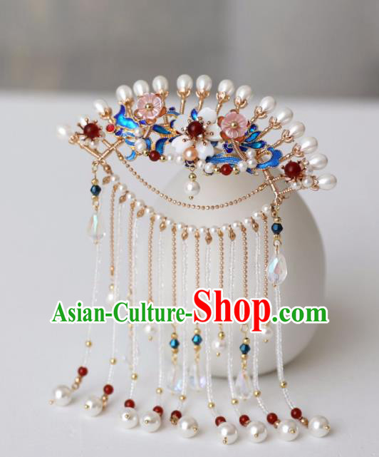 Chinese Ancient Pearls Tassel Hairpin Headwear Women Hair Accessories Ming Dynasty Court Cloisonne Hair Clip