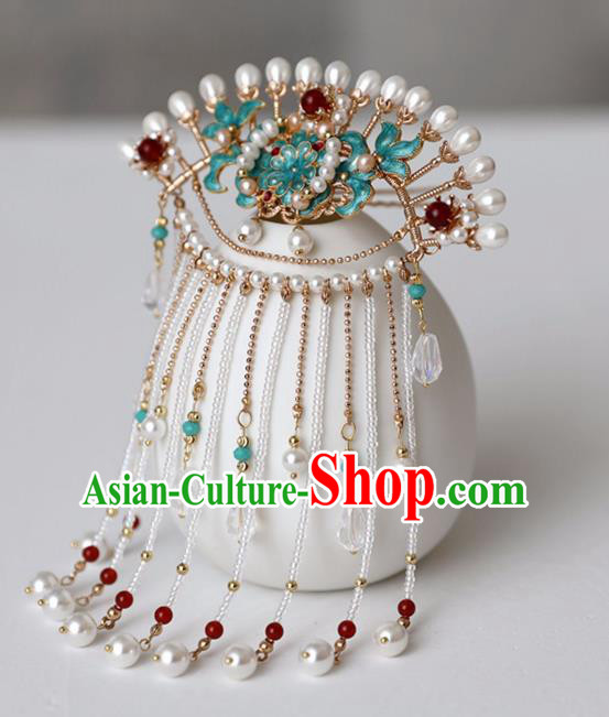 Chinese Ancient Pearls Tassel Green Hairpin Headwear Women Hair Accessories Ming Dynasty Court Cloisonne Hair Clip