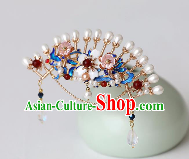 Chinese Ancient Pearls Hair Crown Headwear Women Hair Accessories Ming Dynasty Court Cloisonne Hairpin