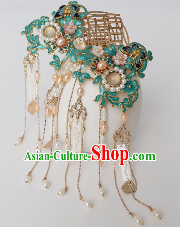 Chinese Ancient Ming Dynasty Cloisonne Hairpin Headwear Women Hair Accessories Pearls Tassel Hair Comb