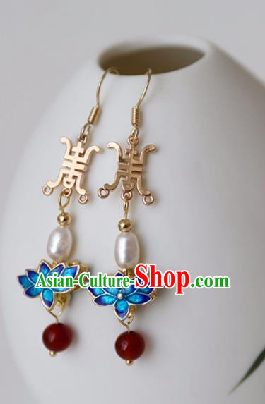 Chinese Ancient Hanfu Cloisonne Lotus Earrings Women Jewelry Ming Dynasty Pearl Ear Accessories