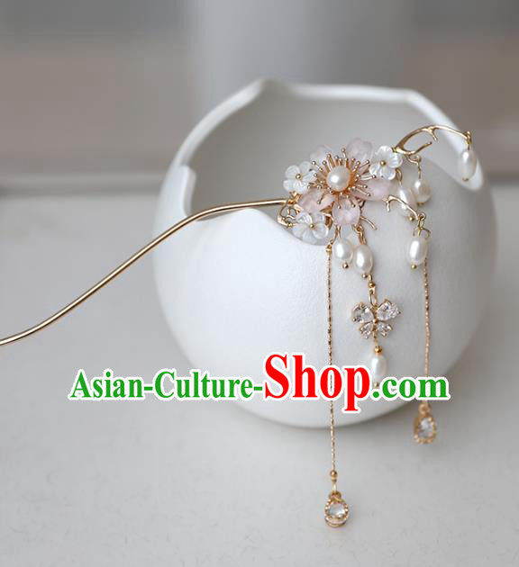 Chinese Ancient Pink Flower Hanfu Hair Clip Headwear Women Hair Accessories Ming Dynasty Pearls Tassel Hairpin