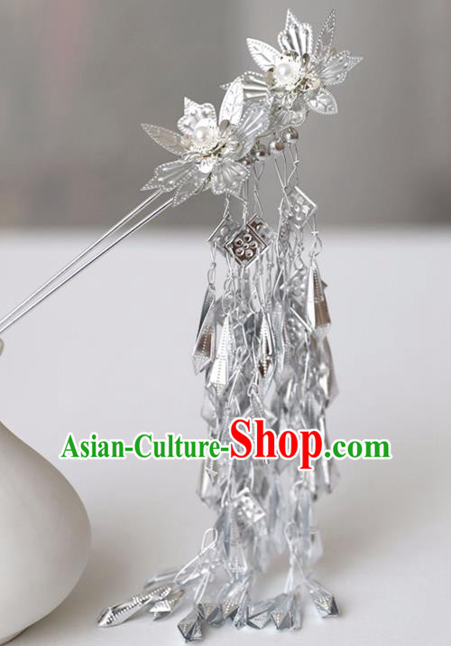 Chinese Ancient Hanfu Argent Flowers Tassel Hair Clip Headwear Hairpin Women Hair Accessories