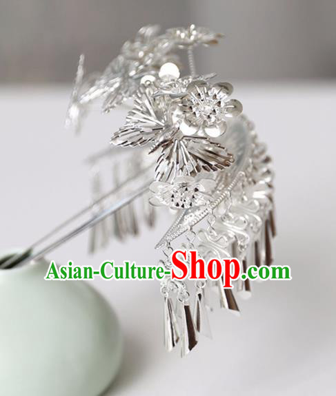 Chinese Ancient Hanfu Argent Plum Butterfly Tassel Hair Clip Hairpin Women Hair Accessories Headwear