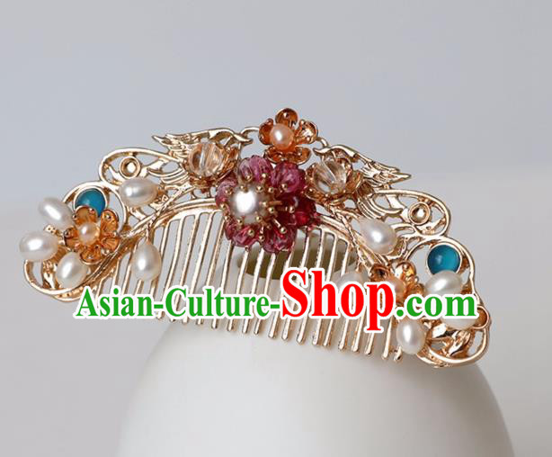 Chinese Ancient Hanfu Golden Hair Comb Hairpin Women Hair Accessories Tang Dynasty Pearls Headwear