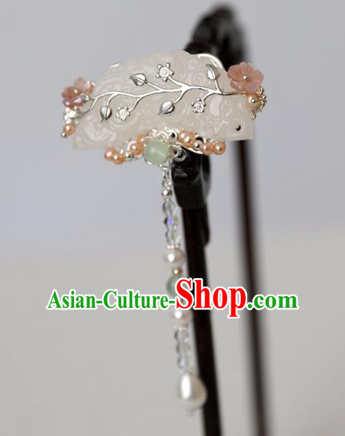 Chinese Ancient Ming Dynasty Hair Claw Headwear Women Hair Accessories Jade Pearls Tassel Hair Stick