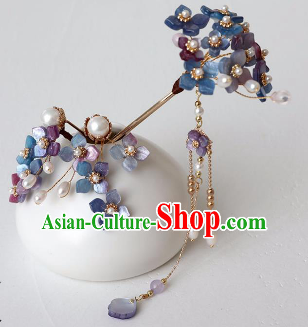 Chinese Ancient Ming Dynasty Purple Flowers Hairpin Headwear Women Hair Accessories Tassel Hair Clip