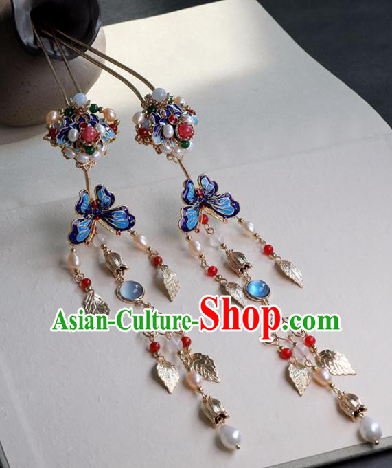 Chinese Ancient Cloisonne Butterfly Hairpin Headwear Women Hair Accessories Ming Dynasty Court Pearls Tassel Hair Clip