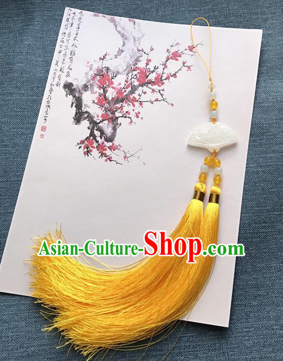 Chinese Ancient Hanfu Carving Fan Jade Yellow Tassel Pendant Waist Accessories Jade Lappet Jewelry