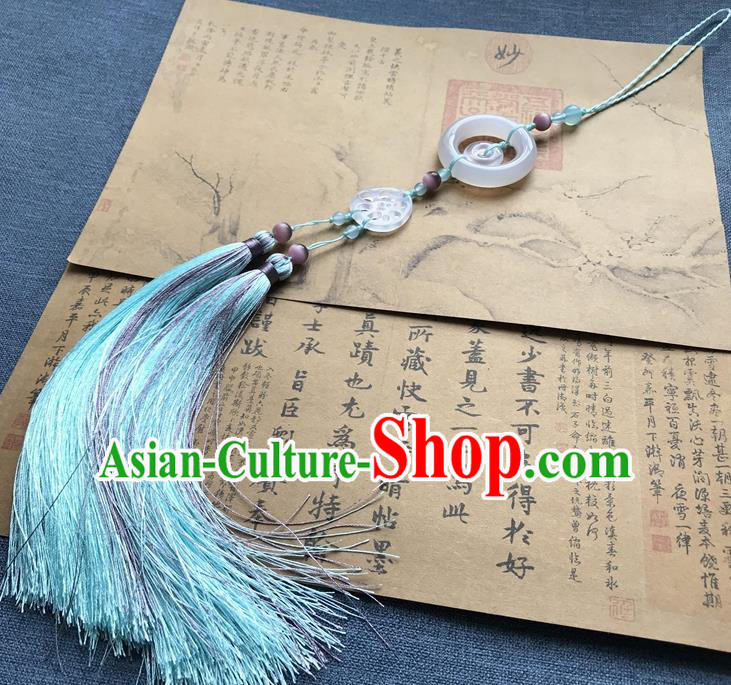 Chinese Ancient Hanfu Carving Lotus Root Jade Blue Tassel Pendant Jade Lappet Jewelry Brooch Accessories