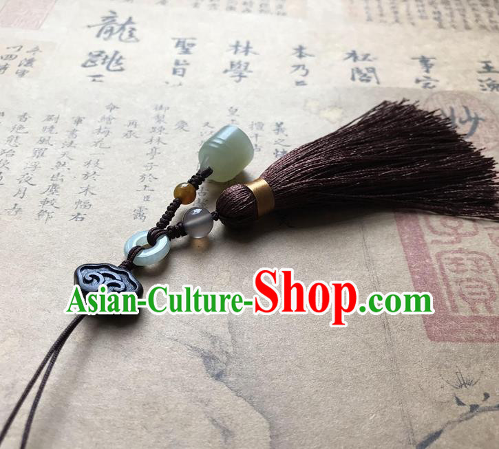 Chinese Ancient Hanfu Brown Tassel Pendant Jade Cloud Lappet Jewelry Brooch Accessories