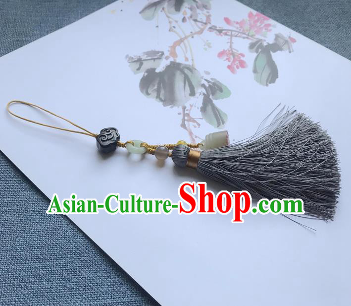 Chinese Ancient Hanfu Grey Tassel Pendant Jade Seal Cloud Lappet Jewelry Brooch Accessories