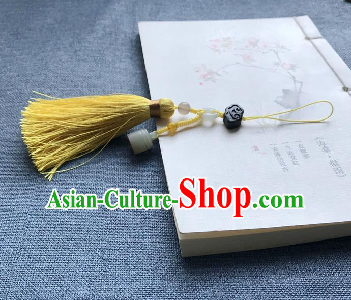 Chinese Ancient Hanfu Yellow Tassel Pendant Jade Seal Cloud Lappet Jewelry Brooch Accessories