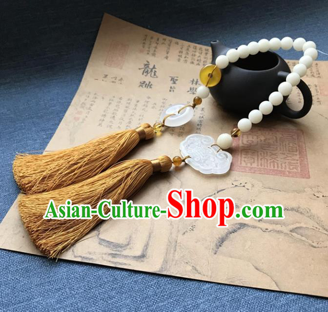 Chinese Ancient Hanfu Carving Jade Longevity Lock Tassel Pendant Jade Lappet Brooch Jewelry Accessories