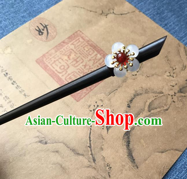 Chinese Ancient Women Opal Plum Hair Clip Handmade Hanfu Hair Accessories Ebony Hairpin Headwear