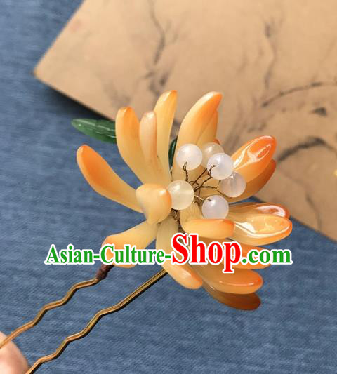 Chinese Ancient Women Orange Chrysanthemum Hair Clip Handmade Headwear Hanfu Hair Accessories Hairpin