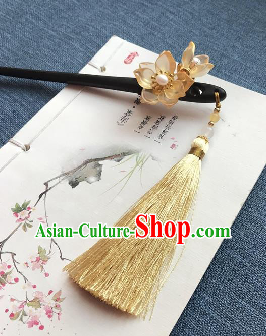 Chinese Ancient Women Yellow Flowers Hair Clip Handmade Headwear Hanfu Hair Accessories Ebony Hairpin