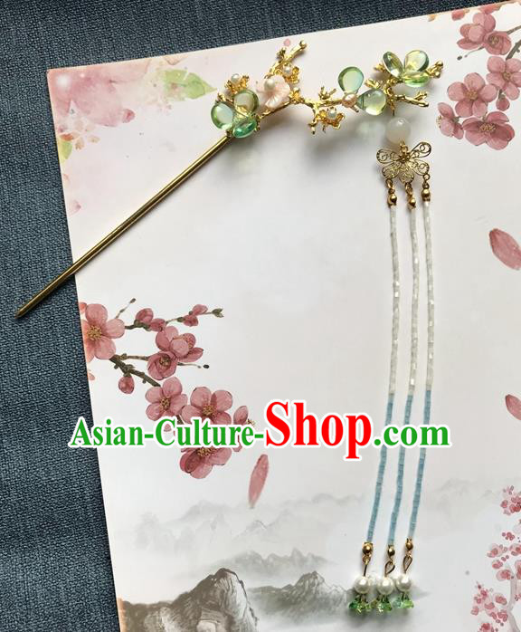 Chinese Ancient Women Green Tassel Hair Clip Handmade Golden Hairpin Headwear Hanfu Hair Accessories