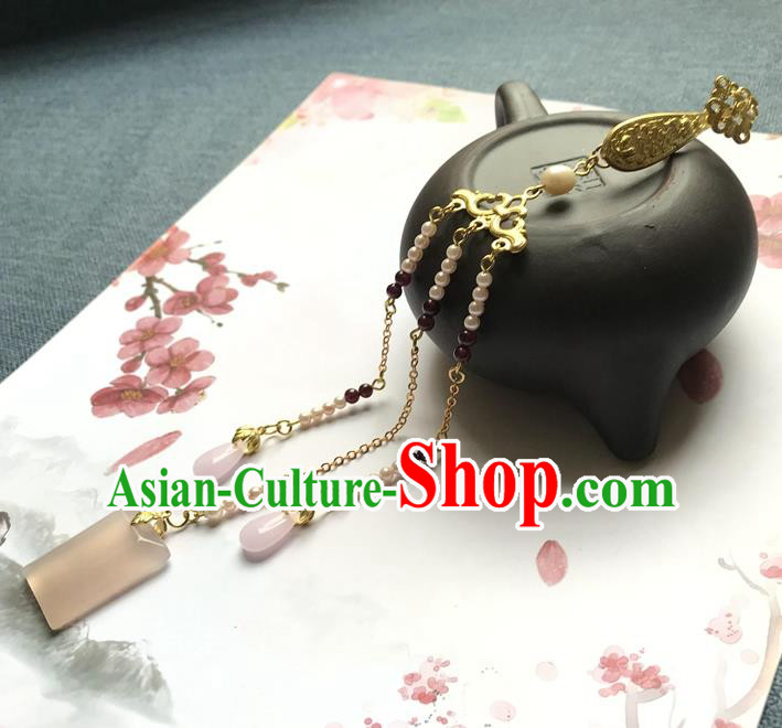 Chinese Ancient Hanfu Pearls Tassel Pendant Golden Lucky Lappet Brooch Jewelry Jade Accessories