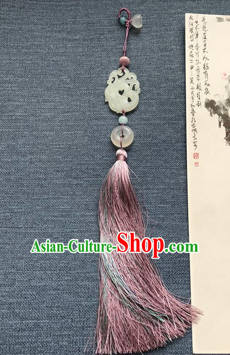 Chinese Ancient Hanfu Carving Phoenix Jade Pendant Lappet Brooch Jewelry Jade Purple Tassel Accessories