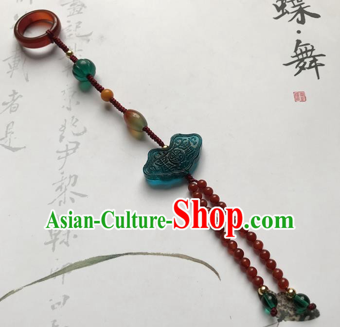 Chinese Ancient Hanfu Red Beads Tassel Pendant Lappet Brooch Jewelry Green Coloured Glaze Accessories