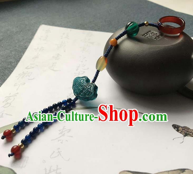 Chinese Ancient Hanfu Blue Beads Tassel Pendant Lappet Brooch Jewelry Green Coloured Glaze Accessories